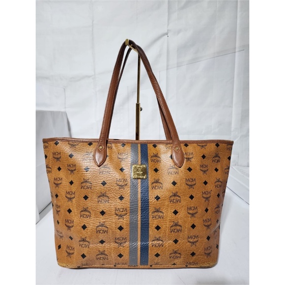 SOLD***Authentic MCM Visetos Striped Shopper Tote Bag Brown - Picture 1 of 15